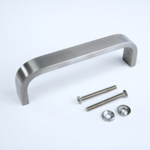 Metal handle with screws on white background.