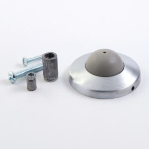 Metal door stopper with screws and anchors displayed.
