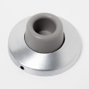 Metal door stopper with rubber insert on white background.