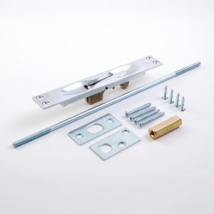 Door hardware components arranged on a white background.