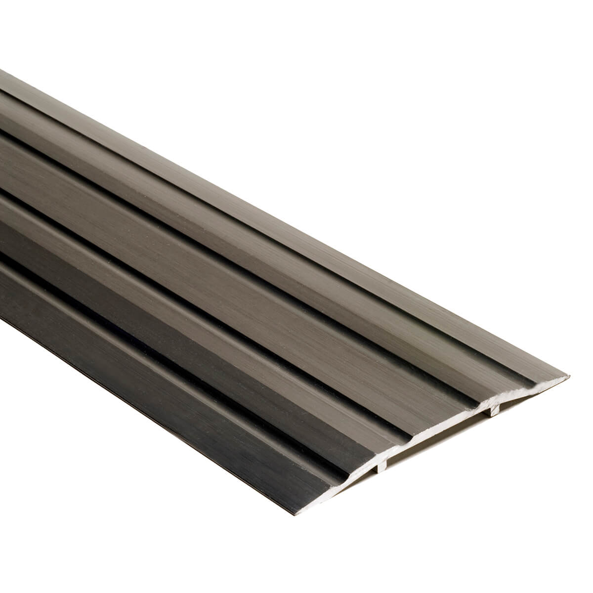 Metallic door threshold angled for security installation.