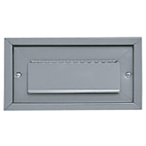 Metal mail slot on a gray door.