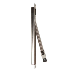 Metal door security hardware with flexible arm.