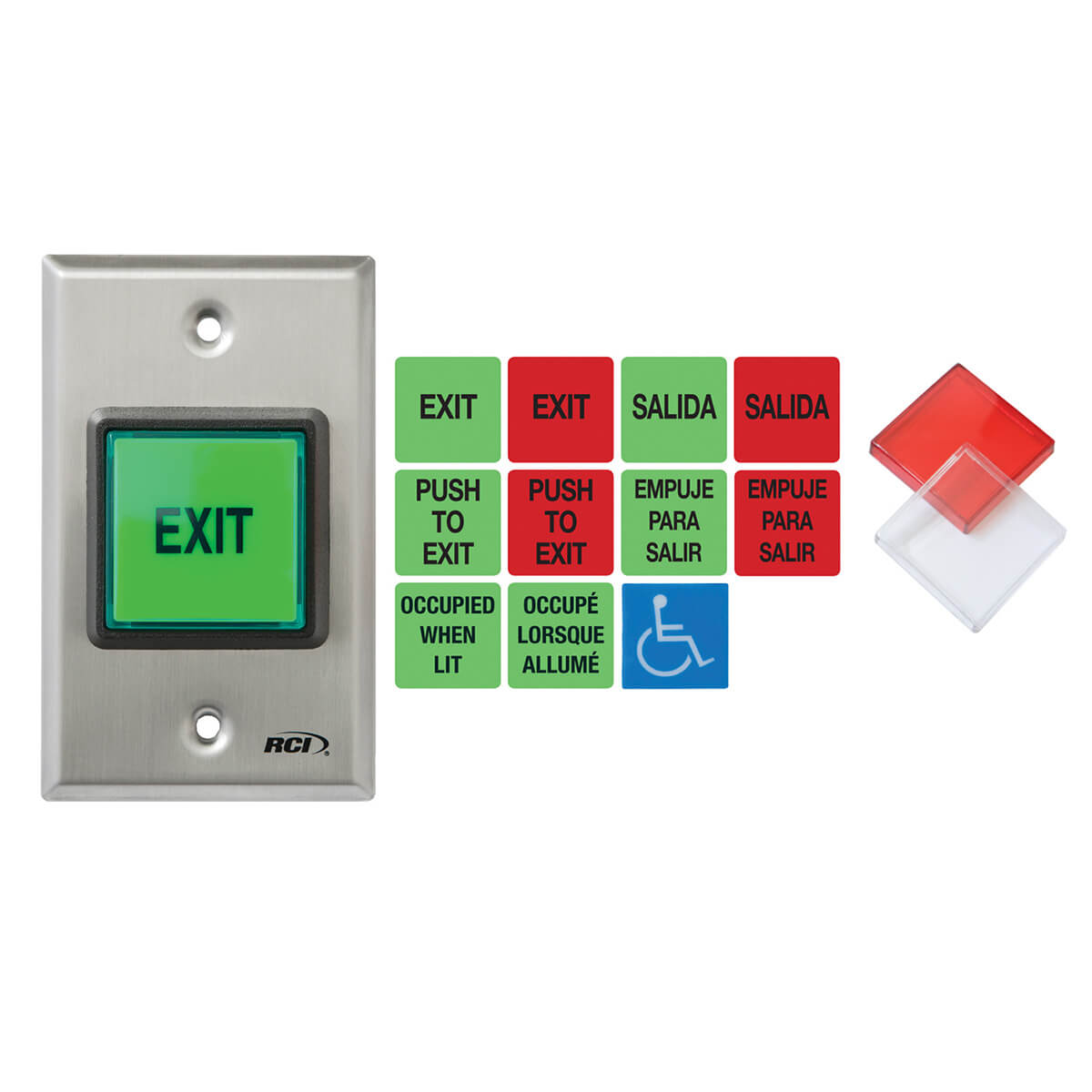 Door exit button with interchangeable color plates.