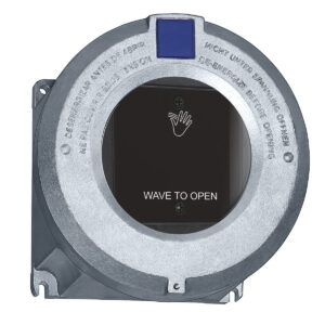 Touchless door sensor with "Wave to Open" instruction.