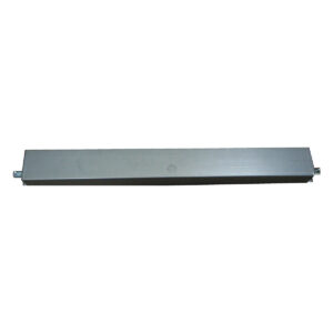 Rectangular metal security door hardware component.