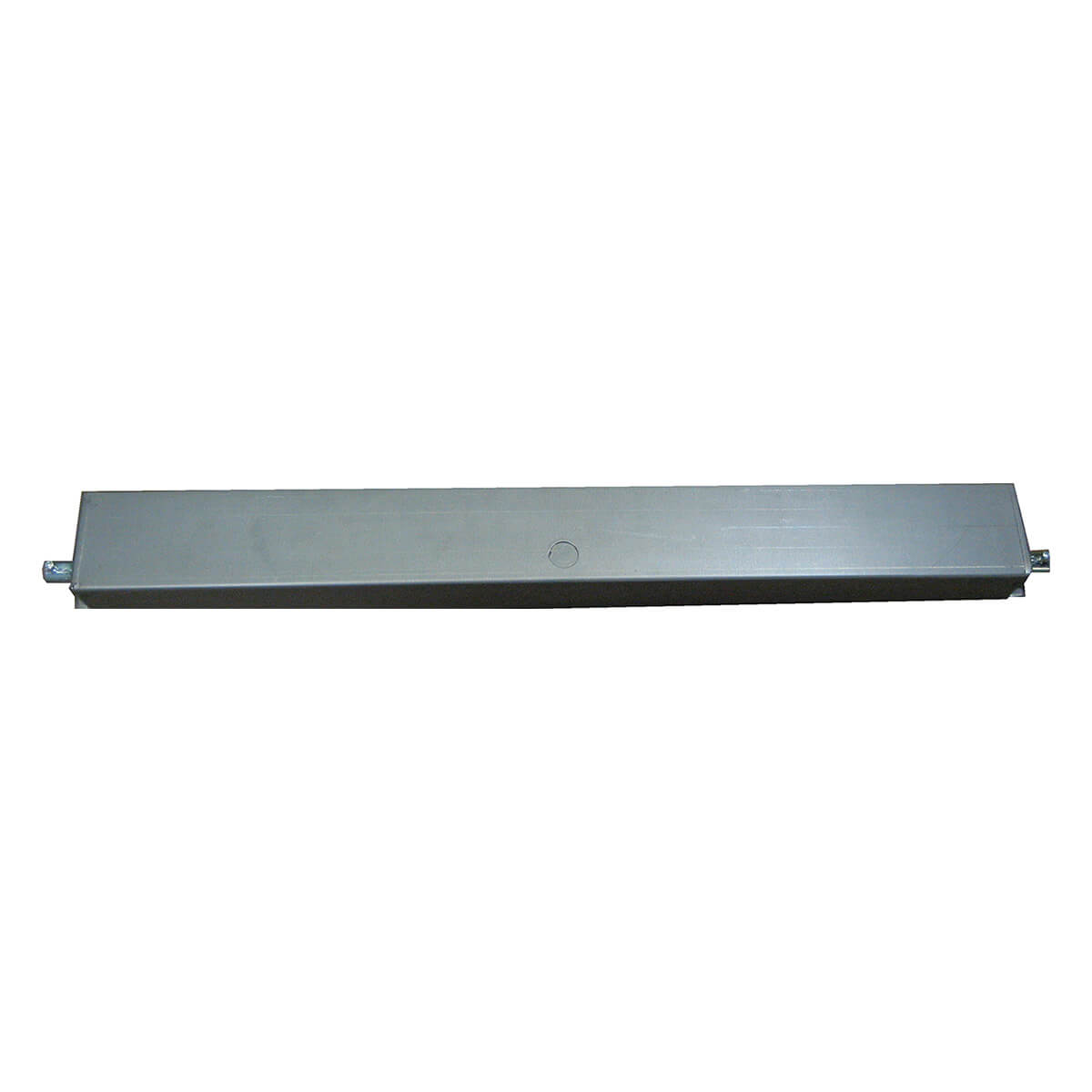 Rectangular metal security door hardware component.