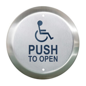 Silver button with wheelchair symbol, text reads "Push to Open".