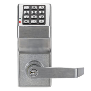 Keypad door lock with metal handle and keypad.