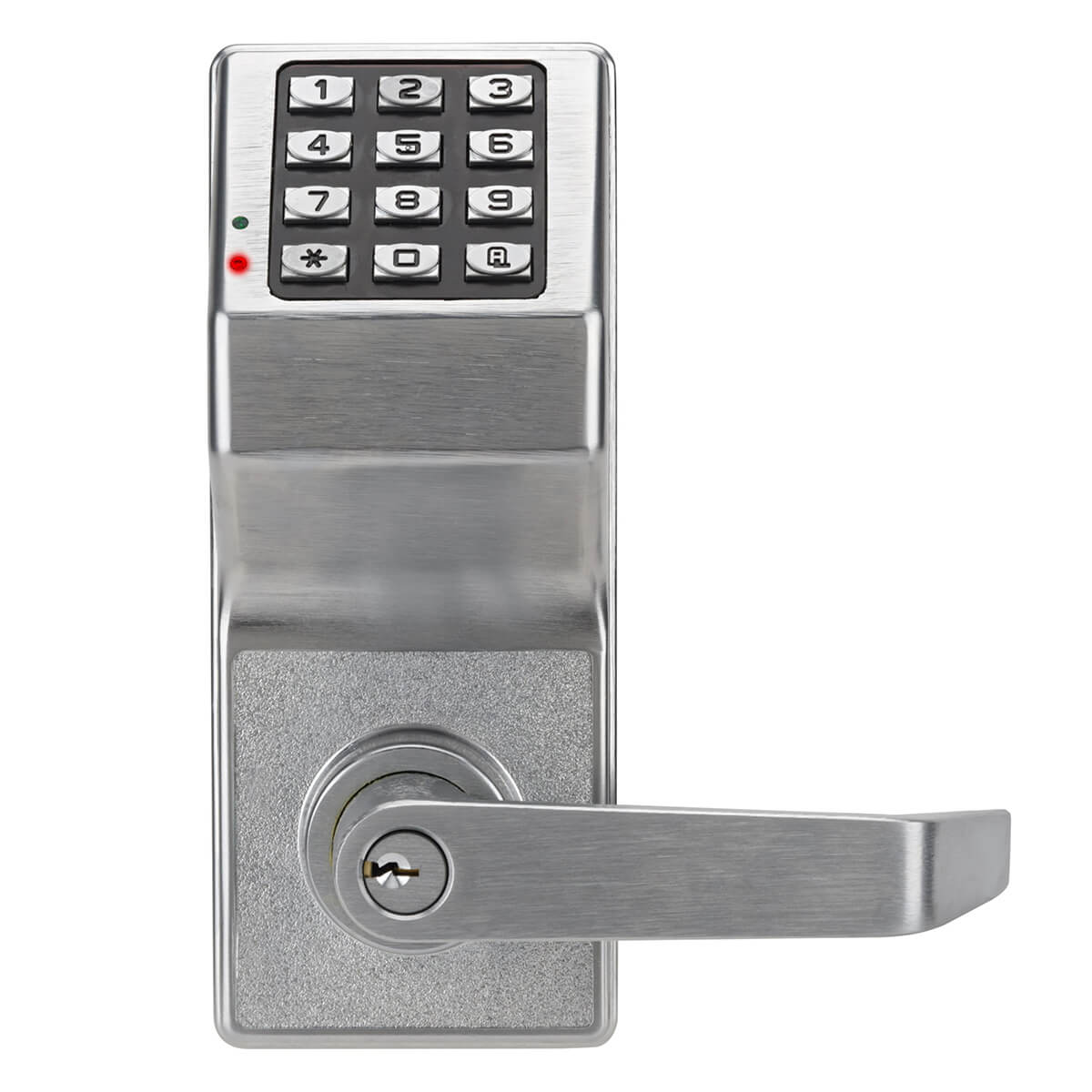 Keypad door lock with metal handle and keypad.