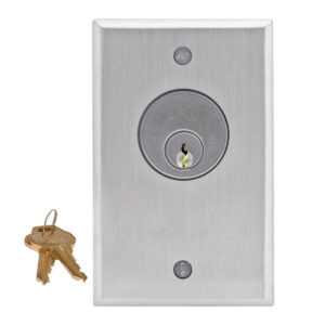 Silver door lock with keys on the side.