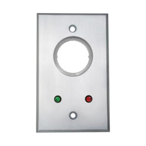 Metal panel with red and green indicator lights.