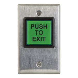 Green push button on silver wall plate.