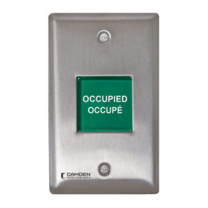 Green "Occupied" door indicator on metal plate.