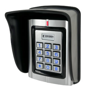 Security keypad mounted with protective hood.