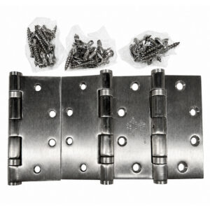 Metal door hinges with screws in plastic bags.