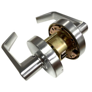 Silver door lock mechanism with dual levers displayed.
