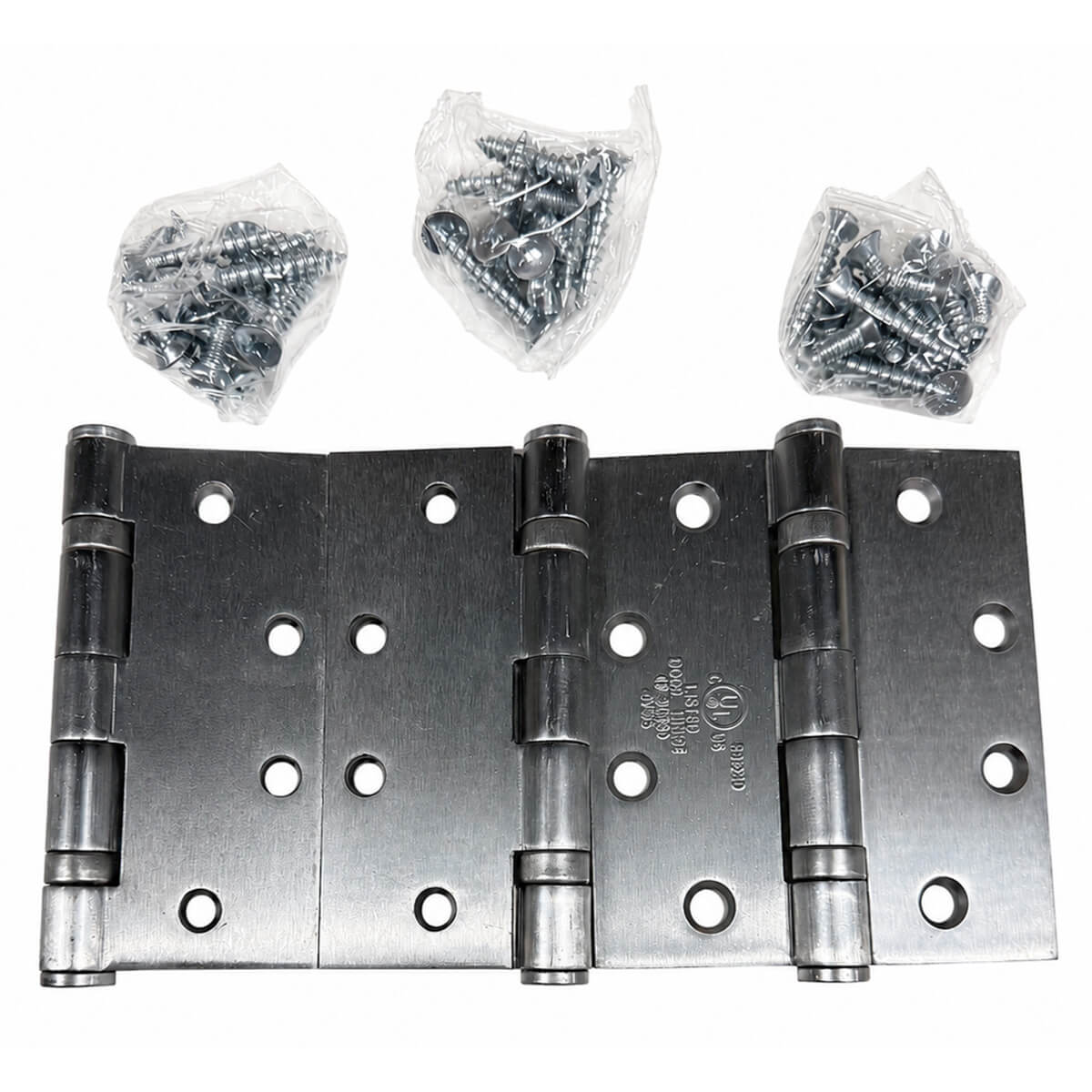 Steel door hinges with screws in plastic bags.