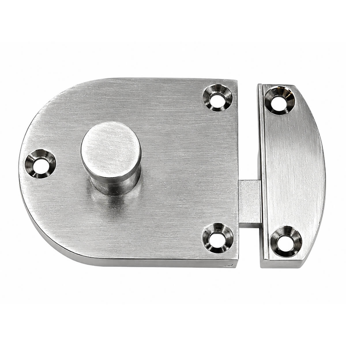 Metal bolt lock mounted on white surface.