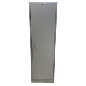 Gray metal cabinet standing upright, closed door.