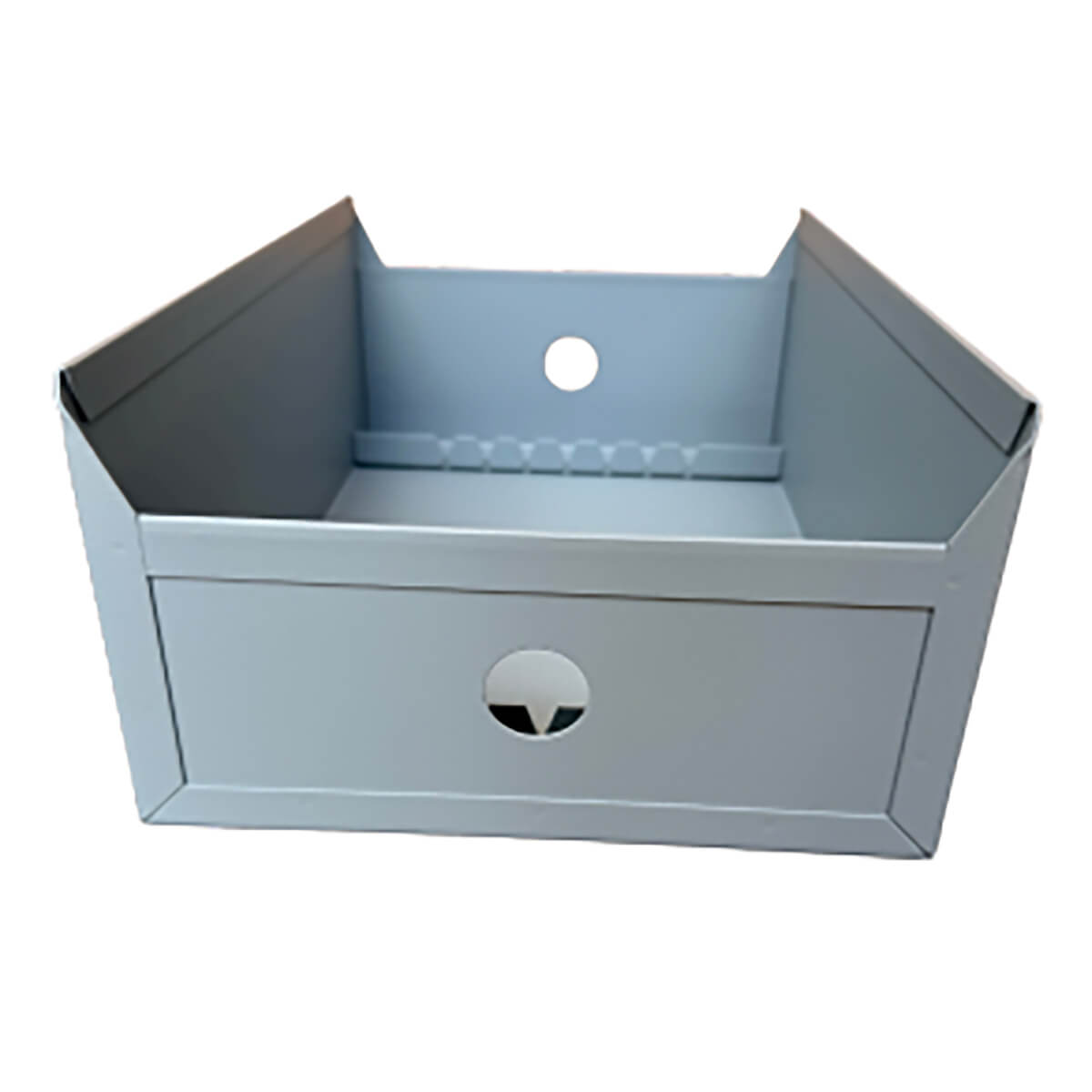 Gray metal box with circular cutouts on sides.