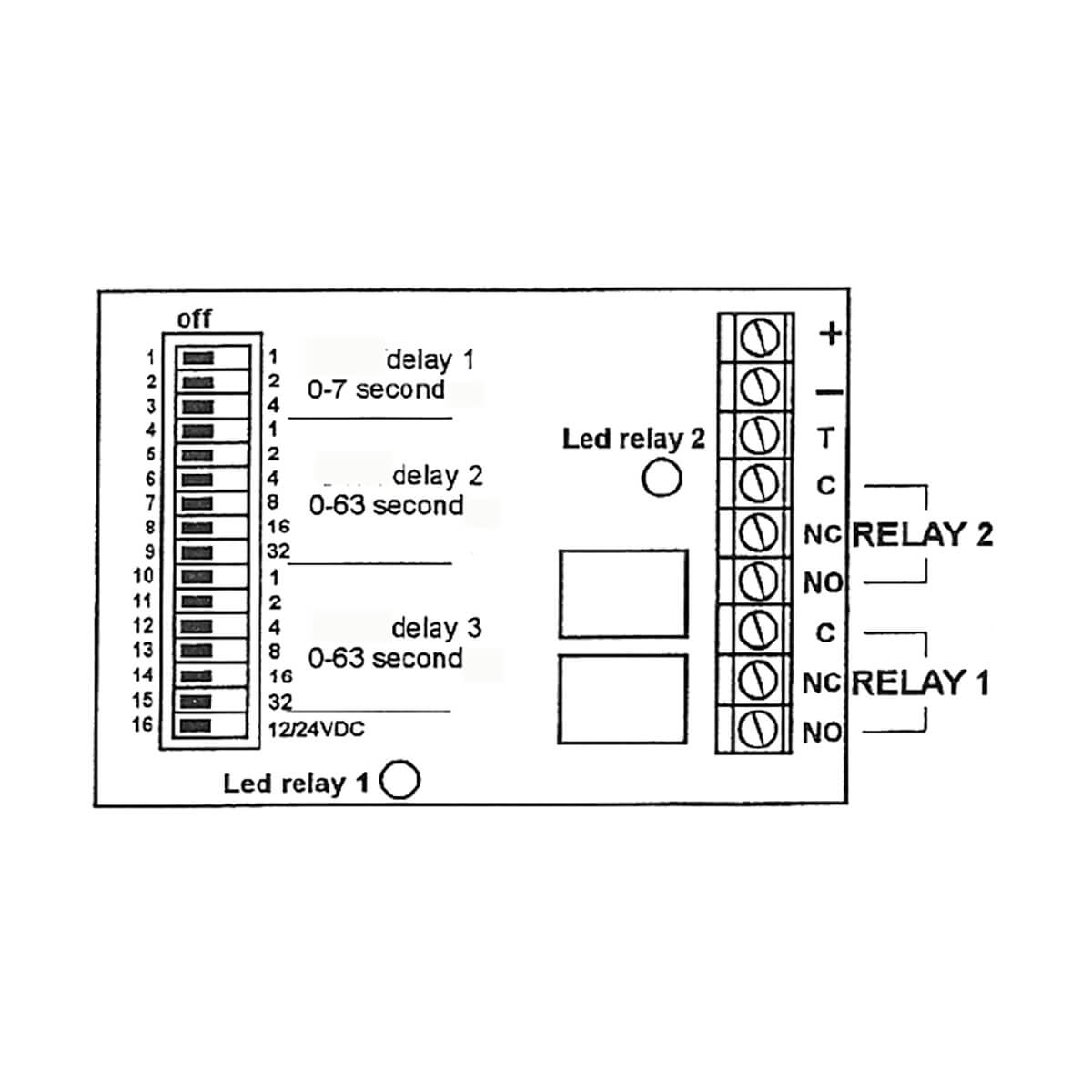 Electronic control panel diagram showing relays and delay settings.