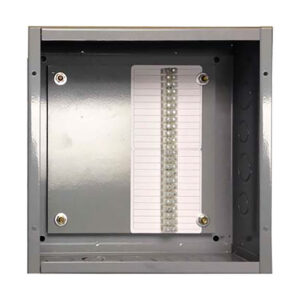 Metal box with circuit terminal strip inside.