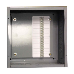 Empty gray metal enclosure with mounted terminal strip.